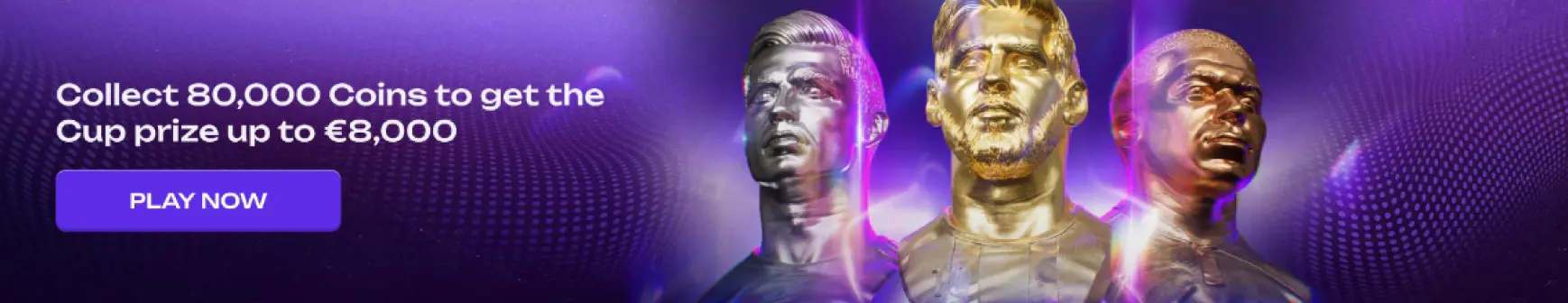 προωθητικό banner με μήνυμα συλλογής 80.000 coins και έπαθλο έως €8.000, κουμπί play now και τρεις στυλιζαρισμένες φιγούρες αθλητών σε μωβ φόντο